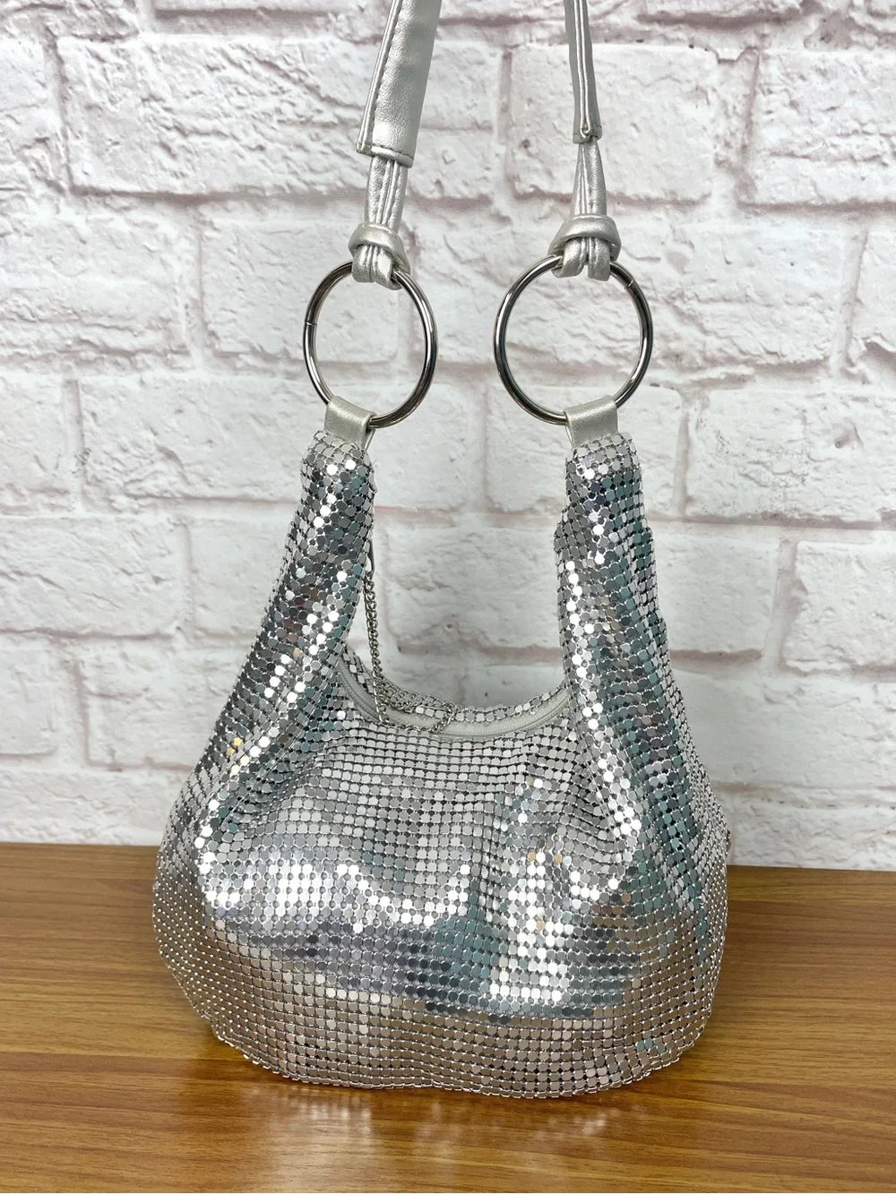 Silver Metallic Sequin Disco ball Sparkle Y2K Hobo Shoulder Clubbing Bag